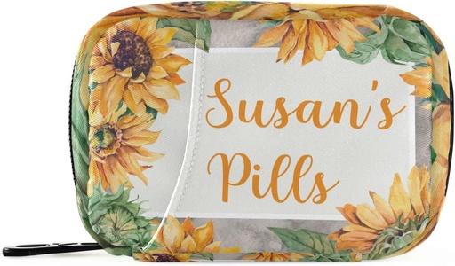 [BRSRMZINOQGREFA7] Custom Pill Box 7 Day Pill Case Bag Sunflower Nom personnalisé Travel Pill Organizer Bag with Zipper Portable Weekly Case Compact Size for Vitamin Supplement Holder