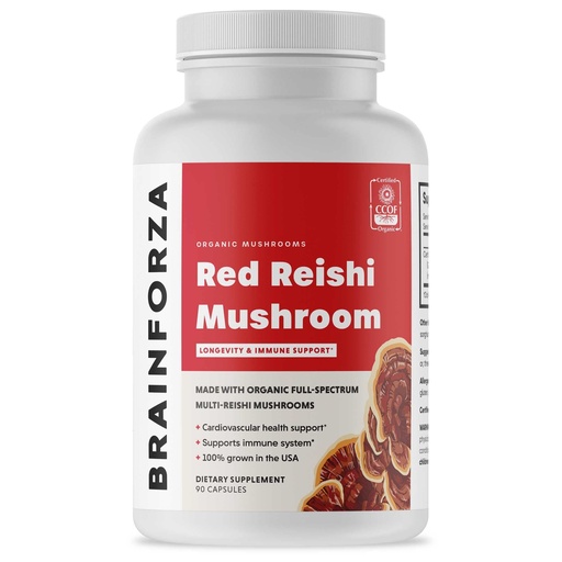 [BRSWIHTYCEMGMGD6] Brain Forza Organic Red Reishi Mushroom Capsules - Premium Adaptogenic Mushroom Supplement for Daily Wellness & Vitality, Certified Organic, Non-GMO, Vegan - 90 Capsules