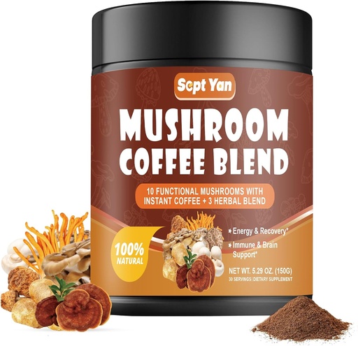 [BRSROAA5BYBGKH33] Mushroom Coffee with 10 Mushrooms, Colombian Instant Coffee Powder with Lion's Mane, Reishi, Chaga, Cordyceps, Shiitake, Maitake,Turkey Tail - Mushroom Supplement for Energy, Focus, Immune Support
