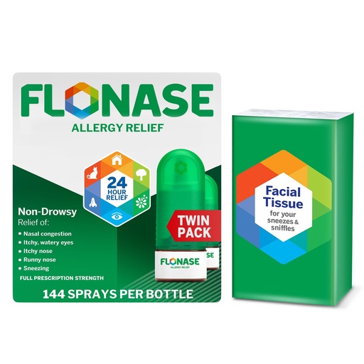 [BRSW2GDYPJ7QOA36] Flonase Allergy Relief Nasal Spray, 24-Hour Non-Drowsy Multi-Symptom Relief � 144 Sprays (Pack of 2) plus Bonus Pack of Tissues