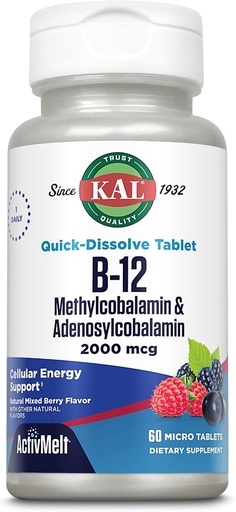 [BRSWGZABBUIGOEIU] KAL vitamin B12 Metylkobalamin og Adenosylcobalamin 2000 mcg aktivMelt, B12 energitilskudd, metabolisme, Nerve, rød blodcellestøtte, høy absorpsjon, naturlig berry, 60 serv, 60 mikrotabletter