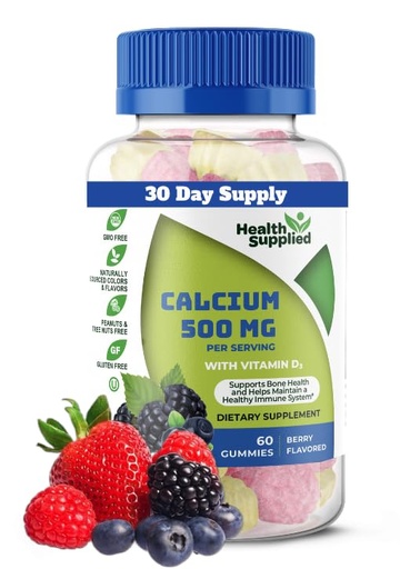 [BRSRMFAOOQCGMDYY] Health Supplied Calcium 500mg with Vitamin D3 1000 IU Gummies | Daily Dietary Supplement | Bone Strength, Growth, Teeth | for Adults, Teens, Kids | Great Tasting Natural Berry Flavor Vitamin Gummy