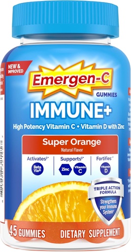 [BRSROZITCABGYF3J] Emergen-C Immune+ Triple Action Immune Support Gummies, BetaVia (R), 1000mg Vitamin C, B Vitamins, Vitamin D and Antioxidants, Super Orange - 45 Count