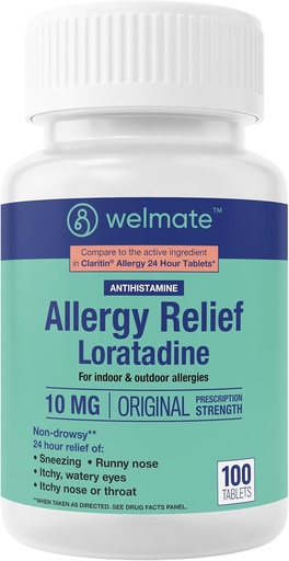 [BRSRMBQ3O56AIDTO] WELMATE - Αλλεργία Ανακούφιση - Loratadine 10 mg - 24 ώρες Ανακούφιση Αντιισταμινικό - Μη υπνηλία - Runny Μύτη - Φτάρνισμα - Ίτσι Μύτη & Λαρύγγι - Υδάτινα Μάτια - Εσωτερική & Εξωτερική Αλλεργία Φάρμακα - 100 κόμης