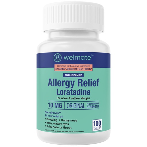 [BRSRMBQ3O56AIDTO] WELMATE - Allergy Relief - Loratadine 10 mg - 24 Hour Relief Antihistamine - Non Drowsy - Runny Nose - Sneezing - Itchy Nose & Throat - Watery Eyes - Indoor & Outdoor Allergy Medication - 100 Count