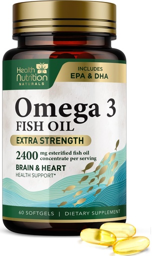 [BRSW2H3QPJ7GEAA6] Omega 3 Fish Oil Supplements - 2400mg Fish Oil Per Serving - Triple Strength Omega-3 with EPA & DHA Fatty Acids - Natural Heart, Brain & Immune Support - Wild Caught, Bottled in USA - 60 Softgels