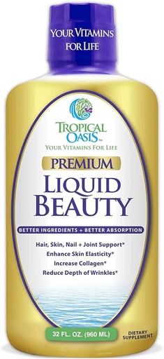 [BRSWGBA3CUCWKHTO] Tropical Oasis - Liquid Beauty | Supplement for Hair, Skin, & Nail Growth - Biotin + Hydrolyzed Collagen (32 Servings)
