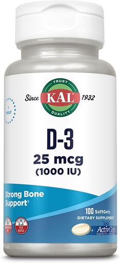 [BRSWIYQFCUAQ2DA7] KAL Vitamin D3 1000 IU Softgels (25 mcg), Active Form of Vitamin D, Calcium Absorption, Bone Health, Immune Support Supplement, Liquid Filled ActivGel, Made Without Soy, 100 Servings, 100 Softgels