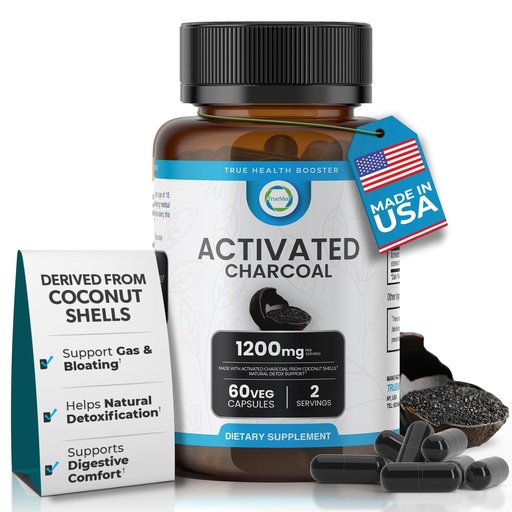 [BRSROAQFCN7AM2Y2] Activated Charcoal Capsules 1200 mg – Organic Activated Charcoal Pills Derived from Coconut Shells for Stomach & Digestive Support – Natural Detox & Bloating – Made in USA – 60 Capsules