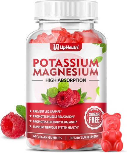 [BRSROZQTBUMRGCDA] Potássio Suplemento de Magnésio Gummies para Adultos Crianças, Açúcar-Free Potássio Citrato Gummies Suporta Cães Perna & Músculo & Saúde do Coração, Vegan Magnésio Glicinate Gummies Raspberry Flavor 60 Cts