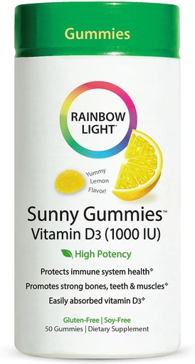 [BRSWIZAICECAGHDU] Rainbow Light - Sunny Gummies bitamina D3 1000 IU, Hezur Osasuntsuak, Muskuluak eta Immunitatea Familia-Lagungarrian D3, Soy-Free, Gluten-Free, Sour Lemon, 50 Gummy Drops