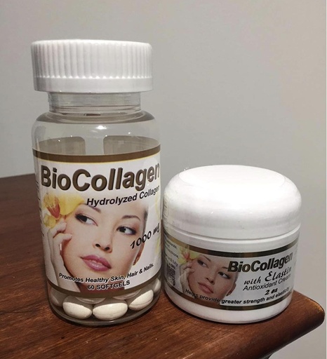 [BRSRAADRAF4AAAI4] Set Bio Collagen Hydrolyzed Collagen softgels (1000 mg) & BioCollagen with Elastin Antioxidant Cream 2 oz (Promotes Healthy Skin Hair and Nails). Pack 2 Cream and Capsules