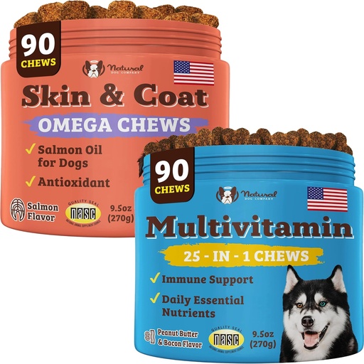[BRSRMAI7CJ7GAEY2] Natural Dog Company Multivitamin Supplement Chews + Skin & Coat Supplement Chews for Dogs - Comprehensive Nutritional Care for Healthy Skin, Shiny Coat, Joint Support, and Immune System Boost