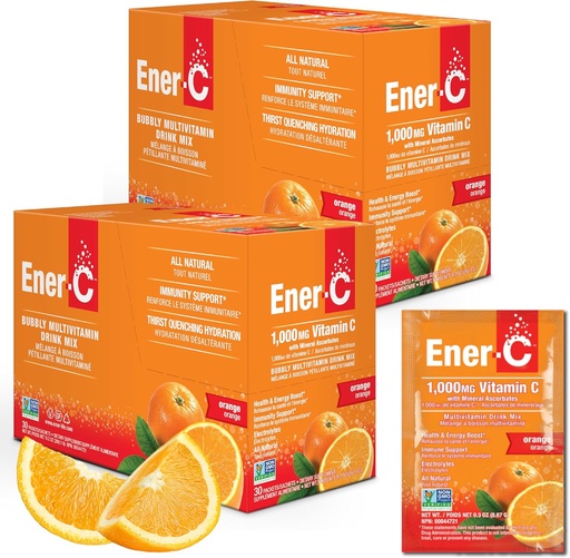 [BRSWKGIQBEJR22L6] Ener-C - Vitamin C Immune Support, 1000mg Vitamin C Effervescent Multivitamin İçki Toz, Fruit Juice Vitamin C Electrolytes, Orange, 60 Packets (2-Pack)