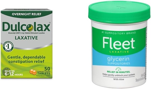 [BRSROCQPOQPAOCTX] Dulcolax Overnight Relief Laxative for Gentle Constipation Relief, Bisacodyl 5 mg Comprimés, 50 Comte et Flotte Glycerin Laxative Suppositoires pour Constipation Adulte, Jar Laxative Adulte Aloe Vera, 50 Ct