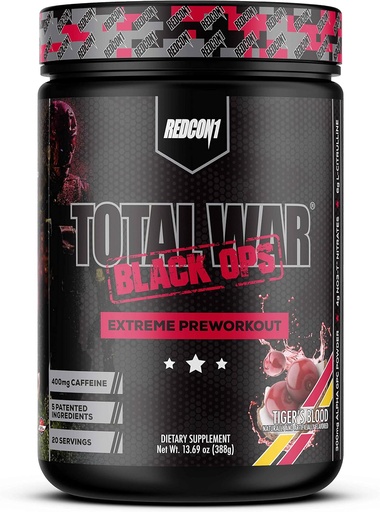 [BRSRMBD2A4MWG3IY] REDCON1 Total War Black Ops Extreme Preworkout Powder, Tigers Blood, High Stimulant, 400 mg Koffein, NO3-T Nitrate + L-Citrulline, Erhöhung des Blutflusses, Muskelpumpen (20 Portionen)