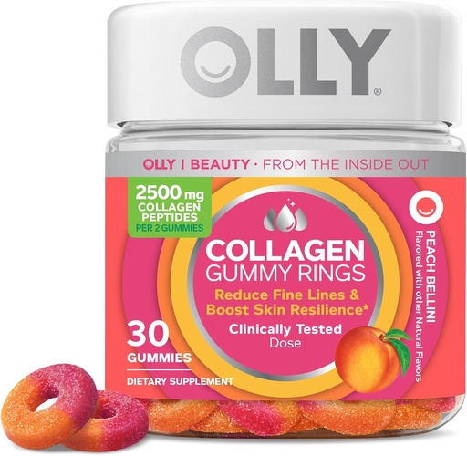 [BRSWYFQECMBAMHLJ] OLLY Collagen Gumi Gyűrűk, Támogatja a bőr rugalmasságát és keménységét, 2.5g Collagen, Clinically- Tesztelt, Peach, 15 napos ellátás - 30 Count