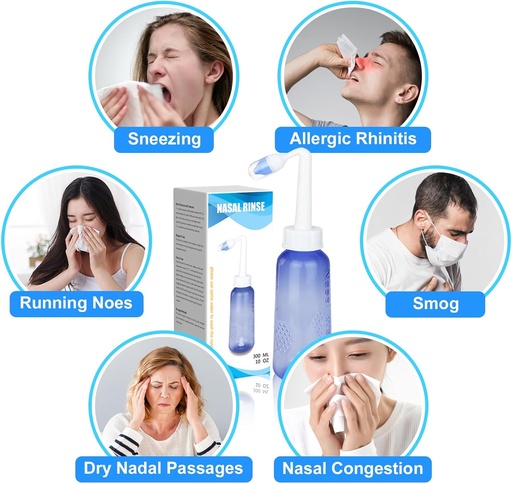 [BRSRAHQHDN6RMALJ] 300 ML Nasal Rinse Neti Pot Sinus Rinse Bottle Gentle Nasal Wash Bottle Nose Cleaner Comfortable for Adult & Kid Effective Pressure Irrigatio with 20 Nasal Wash Salt Packets BPA Free