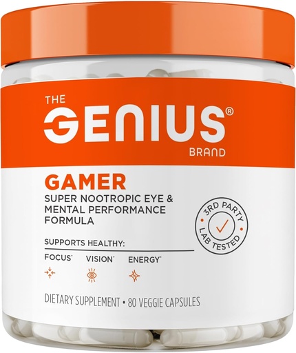 [BRSWGAA5OQFBYELA] Genius Gamer, Gaming Focus Supplement, 80 Pills - Elite Nootropic Performance Booster - Boost Brain ' Mental Clarity, Reaction Time & Concentration - Blue Light Support with Lutemax