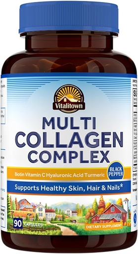 [BRSROGA5CR6BUDL2] Vitalitown Multi Collagen Complex, Type I, II, III with Biotin, Vitamin C, Hyaluronic Acid, Turmeric, Black Pepper for Skin, Hair, Nails, 90 Capsules, Non-GMO