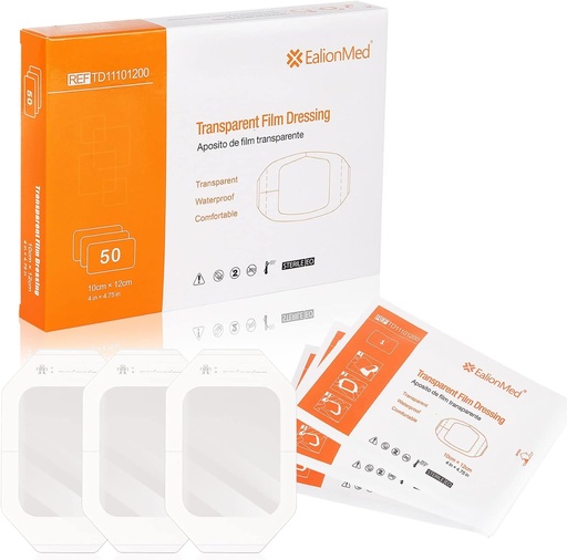 [BRSWGCQKBABAAFLL] EalionMed Transparent Dressing, Wound Bandage, Adhesive Patch, 4'' x 4.75'', 50 Pack, Clear, Breathable, Comfortable, Shower Shield, Tattoo Bandage