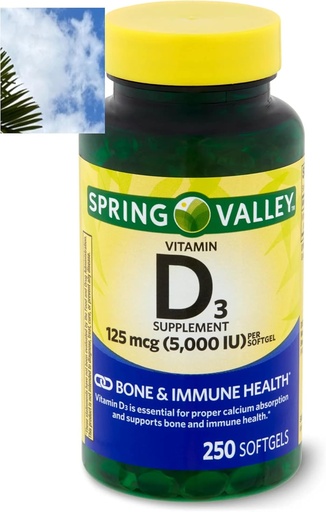 [BRSRMCY5OUDRSEI4] Spring Valley D3 vitamīns Softgels, 125 μg uz Softgelu, 5 000 SV, 250skaits