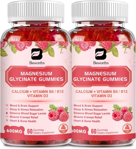 [BRSRAYD7OJ7QIH3A] (2 Pack) 600 Mg Magnésium Glycinat Gommies, Magnésium supplément complexe Magnésium Malate, Magnésium Citrate & Potassium, supporte la nuit et joint, Energy Boost, Vegan & 0-Sugar, Raspberry 120 Compte