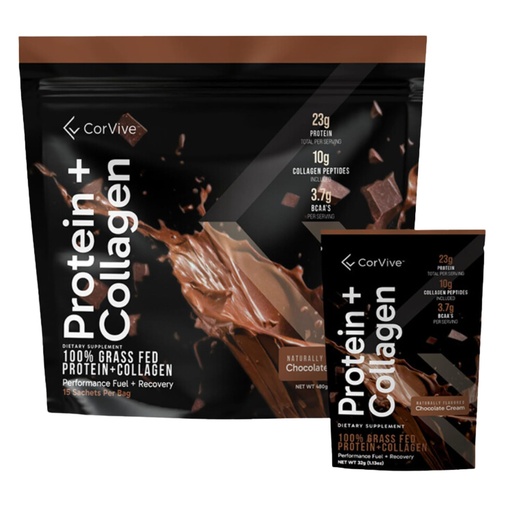 [BRSRAGAZCIHQYYLH] CorVive Protein + Collagen Powder | 23g Protein (Grass-Fed Whey + Collagen) | 3.7g BCAAs | Supports Muscle & Joint Health | Gluten & Soy Free | No Artificial Ingredients | 15 Sachets - Chocolate