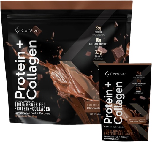 [BRSRAGAZCIHQYYLH] Protein + Kollagenpulver | 23g Protein (Gras-Fed Whey + Collagen) | 3.7g BCAAs | Unterstützt Muskel- & Gelenke Gesundheit | Gluten & Soy Free | Keine künstlichen Inhaltsstoffe | 15 Beutel - Schokolade