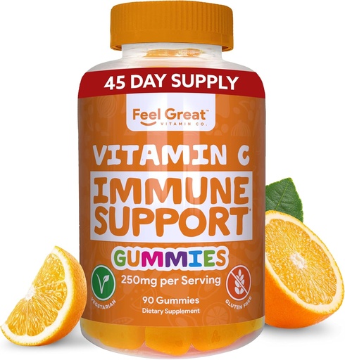 [BRSWGAYZCJYGMGT6] Vitamin C Gummies for Adults & Kids by Feel Great Vitamin Co. | 90 Orange Flavored Gummies | Immunity Support, Plant-Based Fruit Pectin