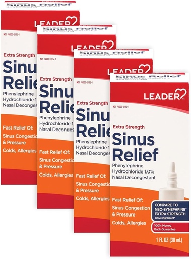 [BRSWG2QEDN7A2HL6] Leader Extra Strength Sinus Relief, Fast Acting, Sinus Decongestant, Nasal Congestion Relief Spray, Cold & Allergy 30 mL Bottle (Pack of 4)