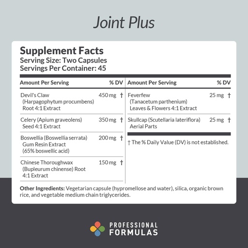 [BRSWIZQEAEIR6CLM] Professional Formulas Joint Plus - Tervisliku liigesefunktsiooni, lihaste ja liikuvuse toetamine Devil's Claw, Boswellia, Feverfew & Skullcap - taimetoitlane, Gluteenivaba, hüpoallergeenne, 90 kapslit