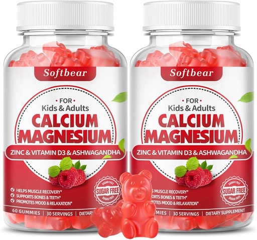 [BRSROFD4AABAAYA7] softbear Calcium Magnesium Zinc Gummies for Adult & Kids, Suagr-Free Calcium Magnesium Zinc D3 Supplement for Bone Strength & Immune Health, Raspberry Flavor 120 Count