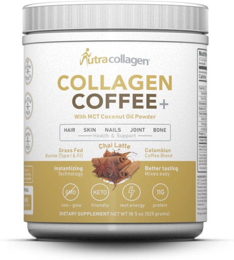 [BRSROYYZAECR6CIV] NUTRACOLLAGEN Protein Powder Combined with Premium Columbian Coffee; Grass-Fed, Non GMO, 12g Peptides, MCT Coconut Oil Powder, Soy Free, Gluten Free, Sugar Free, 40mg Caff/Srving; Chai Latte 25 Srvg