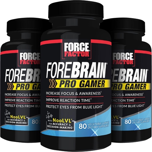 [BRSW2AYRCEIQIC34] FORCE FACTOR Forebrain Pro Gamer Brain Booster, Gamer Supps per aumentare la concentrazione e la consapevolezza, luce blu, supplemento di gioco, Nootropic, 240 capsule, 3-Pack, nero