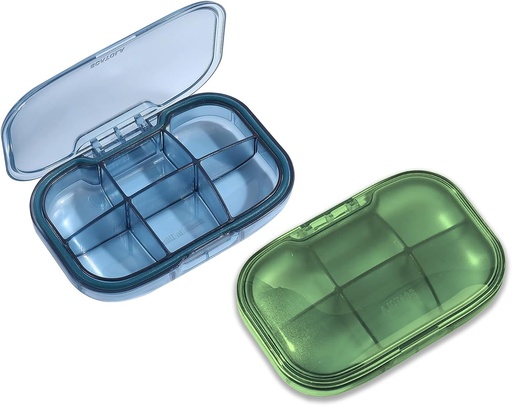 [BRSROYABO54GMF36] 2 Pack 6 השוואת גלולות מארגנת, Moisture Proof Case for Travel, Daily Portable Medicine Container, Fish Oil and Supplement Storage (Blue & Green)