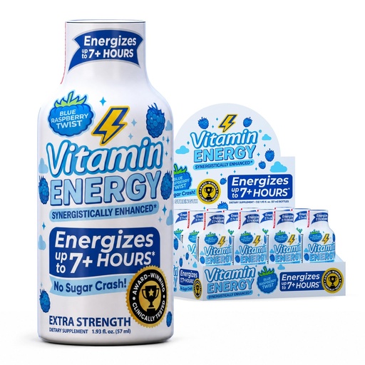 [BRSRAHACCEPROF3X] Vitamin Energy Blue Raspberry Twist Extra Strength Energy Shot, 12 Pack - Up to 7 Hrs, 260mg Natural Caffeine, Zero Sugar - Electrolytes + BCAAs, Hydration, B12 B6 Niacin, 1.93 fl oz, Keto Vegan