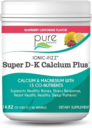 [BRSWIYYPDMMBCHIV] Ionic Fizz Super D-K Calcium Plus by Pure Essence - с екстра магнезий, витамин D3, витамин K2 за здрави кости и стресова поддръжка - малинова лимонада - 14.82oz