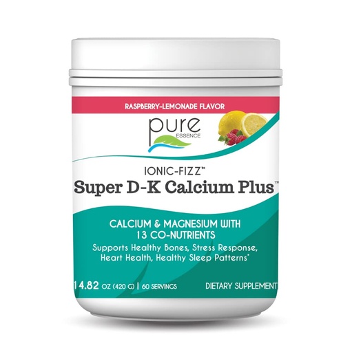 [BRSWIYYPDMMBCHIV] Ionic Fizz Super D-K Calcium Plus by Pure Essence - with Extra Magnesium, Vitamin D3, Vitamin K2 for Strong Bones and Stress Support - Raspberry Lemonade - 14.82oz