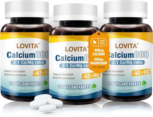 [BRSROBQTC56AK2Q3] Lovita Calcium 800 mg配有镁、维生素D3和K2、骨强和密度补充女性和男性、支持牙齿、免疫健康、Gluten Free、N-GMO、360 Vegan药片