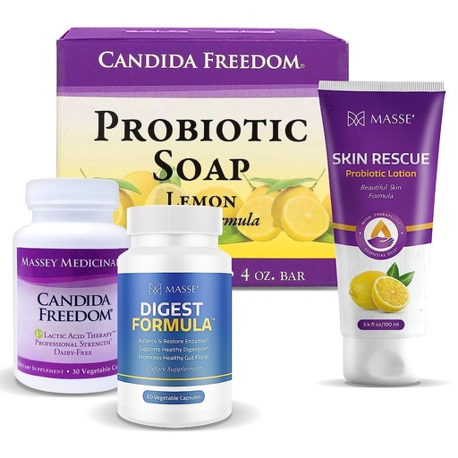 [BRSROZAQBAAQMH3K] MASSE' Dietary Supplement for Proper Digestion - Probiotic Balance & Restore Formula - Probiotic Lemon Body Soap and Skin Rescue Probiotic Lotion