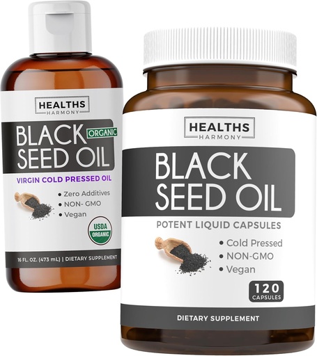 [BRSRAZI7BB5A2HTH] Black Seed Oil Liquid & Soft-Gels (2-Month Supply) Black Seed Oil Liquid & Capsule Combo (16fl.oz & 120 Soft-Gel Capsules) 100% Premium Cold-Pressed Nigella Sativa Black Cumin Seed Oil (Non-GMO)