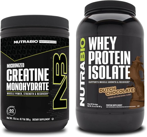 [BRSRAZ34AQMQ23AY] NutraBio Creatine Monohydrate, Unflavored, 300g and Whey Protein Isolate, Dutch Chocolate, Supplement Bundle - Muscle Energy, Lean Muscle Growth, Recovery, and Strength