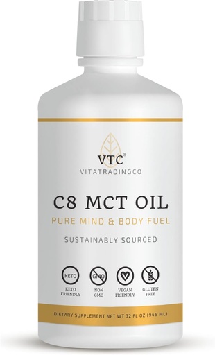 [BRSWGHYKPIFBE3DP] VTC VitaTradingCo. 100% Pure C8 MCT Oil | 3X Distilled Caprylic Acid | Healthy Fat for Clean Energy | Sustainably Sourced | Non-GMO, Paleo, Keto | 32oz, 64 Servings (Unflavored)