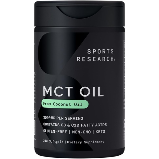 [BRSWGFAQC57BQEIZ] Sports Research® Coconut MCT Oil 3000mg - Keto Brain & Body Fuel - C8 + C10 MCT Oil from Coconut · Keto · Non-GMO - Gluten Free - 240 Softgels