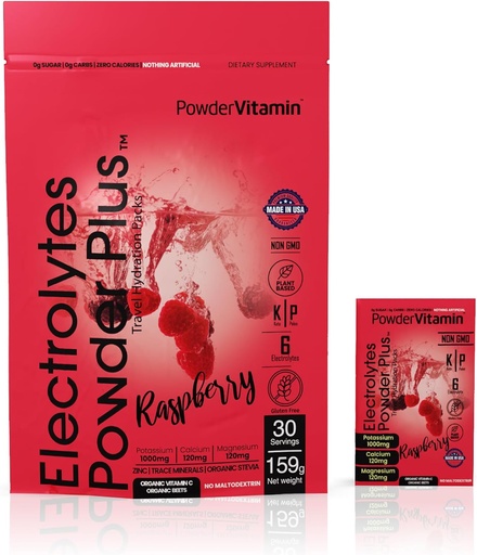 [BRSROGL4O55QG23J] PowerVitamina Electroliti Pachete de pulbere - Zmeura - Keto Electroliti pentru energie zilnica - Pulbere de hidratare cu 1000mg Potasiu, 120mg Magneziu, Zero Calorii - 30 Pachete de hidratare