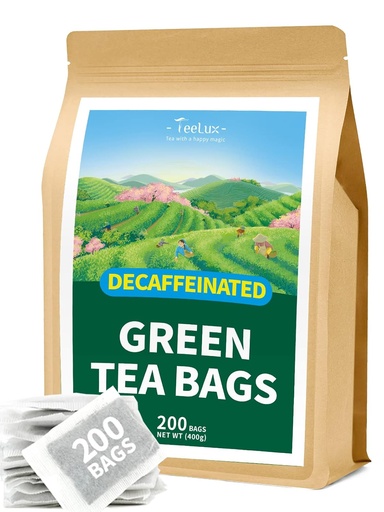 [BRSRMC36CQJWAC3L] TeeLux Decaf Green Tea Bags, Pure Decaffeinated Green Tea, Super Antioxidant, Hot & Iced Tea, 200 Count