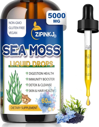 [BRSRA2T7PJYG23DD] Sea Moss Drops, Irish Liquid Sea Moss Gel Supplement with Black Seed Oil, Shilajit, Elderberry, Brodock Root, Spirulina, Bladderwrack for Digestion Health, Non-GMO, 2 Fl Oz