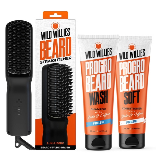 [BRSROED6CUHRGE35] Wild Willies Beard Grooming Kit - Beard Straightener for Men, PROGRO - Fortified with Biotin & Caffeine for Hair Growth, Wash, Hydration - Ionic 2-in-1 Heated Comb Brush, Made in USA