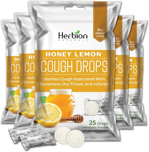 [BRSWGBANAV4BSDTB] HERBION Naturals Hustentropfen mit Honig Zitronengeschmack, Nahrungsergänzung, Soothes Cough, für Erwachsene und Kinder über 6 Jahre, 125 Lozenges, Pack von 5